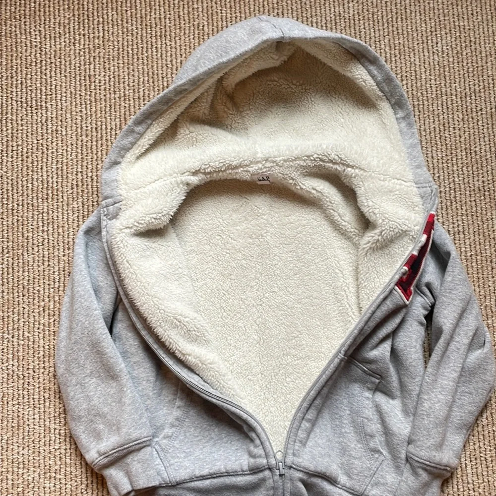 Gap Sherpa lined gray hoodie sweatshirt with red and black Buffalo plaid
